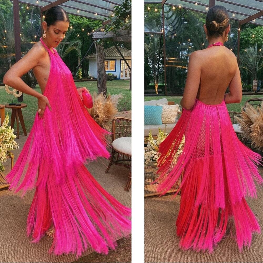 ANDREA ALMEIDA Bel Crochet Fringe Tiered Pink Maxi Dress Size XS/S - Picture 2 of 15